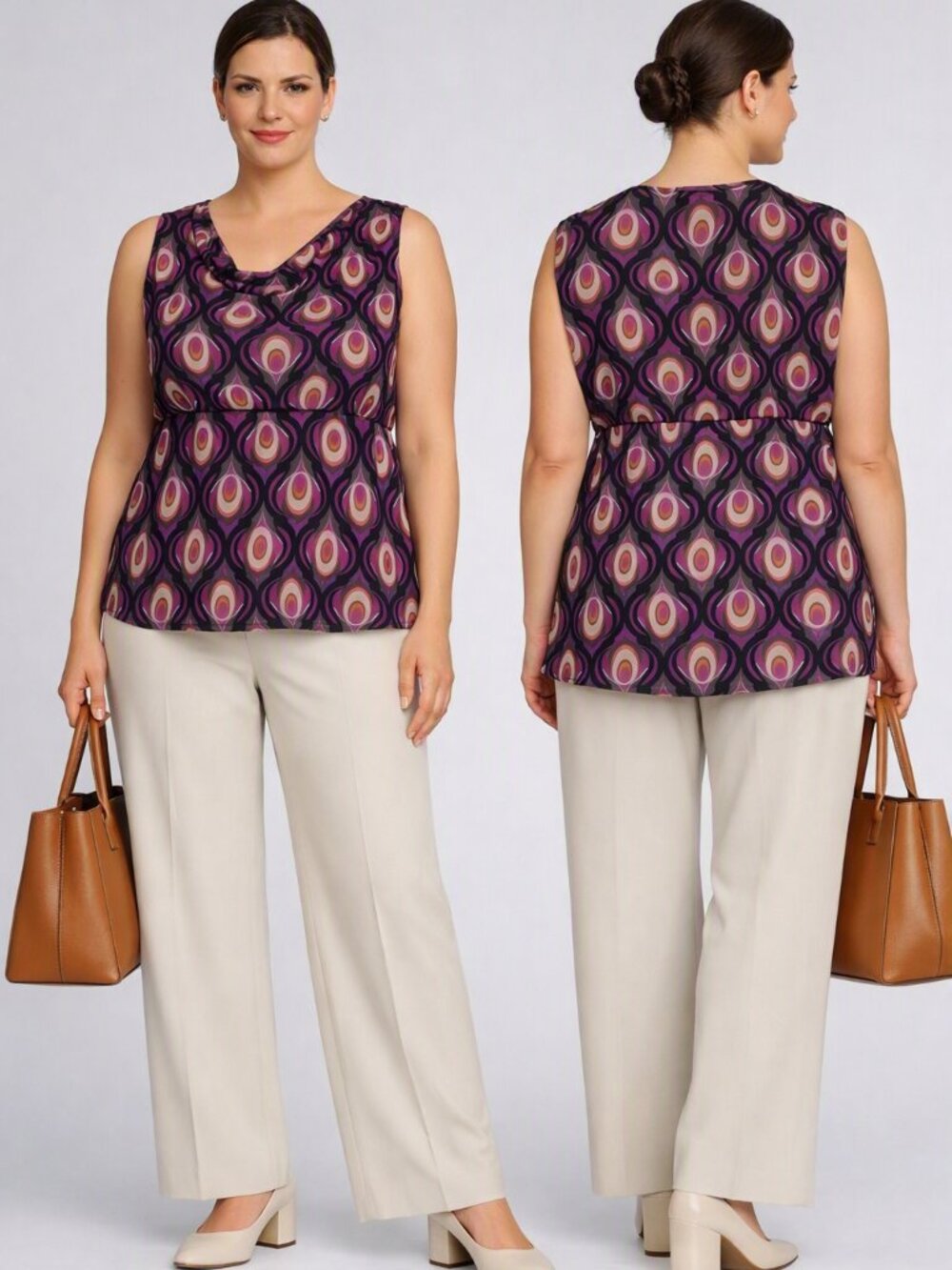 Apt 9 Sleeveless Draped Neckline Purple and Tan Peacock Print Blouse Size XL